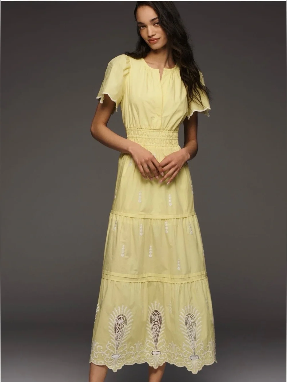 Anthropologie Somerset Short Sleeve Deco Embroidered Maxi Dress Honey Dew Yellow